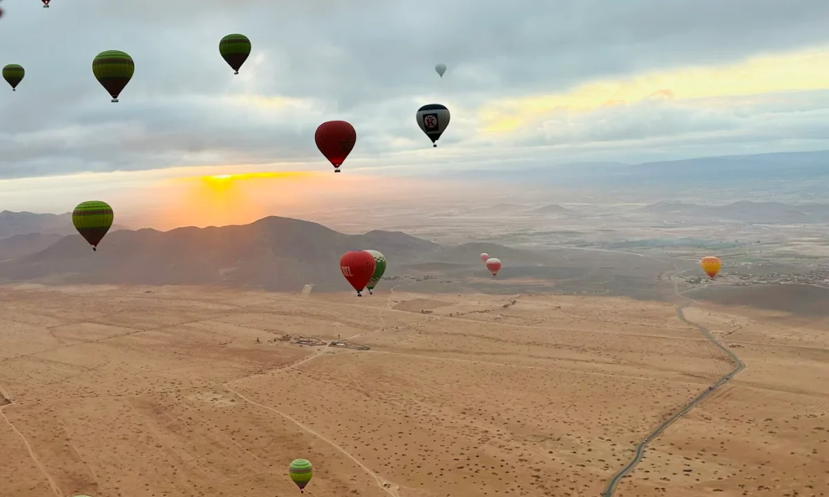 Hot air balloon over Marrakech at sunrise, Atlas Mountains in background
