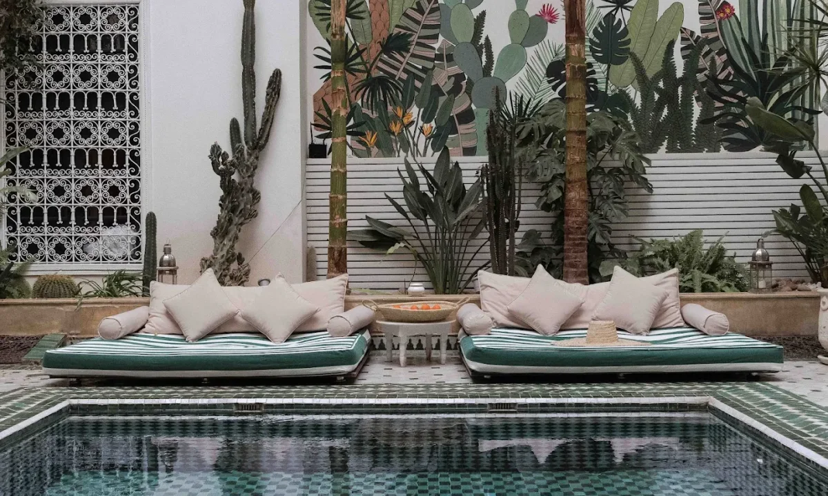 Riad Yasmine pool with green tiles, Marrakech