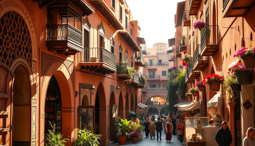 A bustling marketplace in Marrakech, with vibrant riads lining the streets near the iconic Jemaa el-Fna square. Intricate arched doorways, ornate balconies, and vibrant flower-filled courtyards create a captivating scene. Warm, golden sunlight filters through the narrow alleyways, casting soft shadows and highlighting the intricate architectural details. The air is filled with the aroma of spices and the lively sounds of local vendors, creating a truly immersive Moroccan experience. Capture the essence of this cultural hub, where traditional and modern elements seamlessly blend, inviting visitors to step into a world of enchantment. A bustling marketplace in Marrakech, with vibrant riads lining the streets near the iconic Jemaa el-Fna square. Intricate arched doorways, ornate balconies, and vibrant flower-filled courtyards create a captivating scene. Warm, golden sunlight filters through the narrow alleyways, casting soft shadows and highlighting the intricate architectural details. The air is filled with the aroma of spices and the lively sounds of local vendors, creating a truly immersive Moroccan experience. Capture the essence of this cultural hub, where traditional and modern elements seamlessly blend, inviting visitors to step into a world of enchantment.