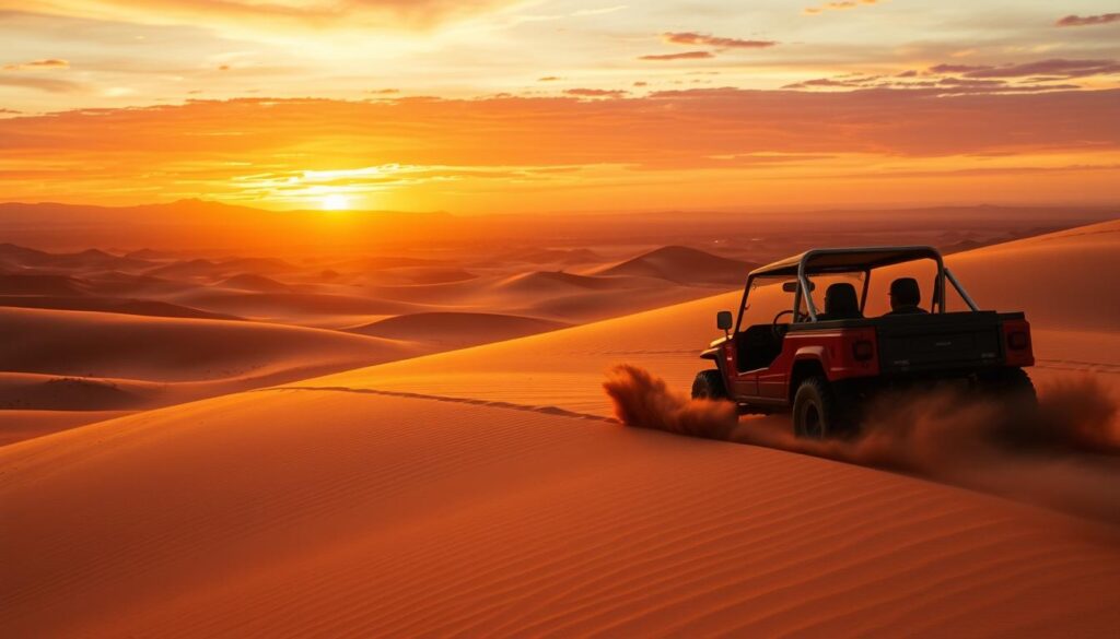 A dramatic desert scene at sunset in Marrakech, Morocco. A classic red buggy traverses the golden dunes, kicking up clouds of dust as it races towards the horizon. The sky bursts with vibrant hues of orange, pink, and purple, reflecting off the undulating landscape. In the distance, the silhouettes of distant peaks and plateaus provide a sense of scale and depth. The warm, golden light casts long shadows, creating a sense of tranquility and timelessness. Capture this quintessential InsideKech desert adventure with cinematic flair. A dramatic desert scene at sunset in Marrakech, Morocco. A classic red buggy traverses the golden dunes, kicking up clouds of dust as it races towards the horizon. The sky bursts with vibrant hues of orange, pink, and purple, reflecting off the undulating landscape. In the distance, the silhouettes of distant peaks and plateaus provide a sense of scale and depth. The warm, golden light casts long shadows, creating a sense of tranquility and timelessness. Capture this quintessential InsideKech desert adventure with cinematic flair.