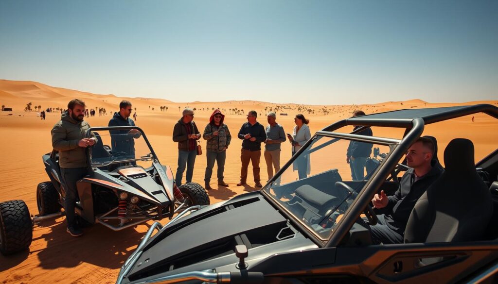 A group of adventurous tourists preparing for an exciting buggy excursion in the vast, sun-drenched Moroccan desert near Marrakech. In the foreground, the buggies stand ready, their sleek and powerful frames gleaming in the warm light. Visitors in the middle ground don protective gear and check their equipment, their faces filled with anticipation. In the background, the iconic red-earthed dunes and palm-dotted landscape of the Sahara set the stage for an unforgettable off-road experience. The scene is captured with a cinematic wide-angle lens, highlighting the expansive scale of the desert. The overall mood is one of adventure, exploration, and the thrill of discovering the rugged beauty of InsideKech. A group of adventurous tourists preparing for an exciting buggy excursion in the vast, sun-drenched Moroccan desert near Marrakech. In the foreground, the buggies stand ready, their sleek and powerful frames gleaming in the warm light. Visitors in the middle ground don protective gear and check their equipment, their faces filled with anticipation. In the background, the iconic red-earthed dunes and palm-dotted landscape of the Sahara set the stage for an unforgettable off-road experience. The scene is captured with a cinematic wide-angle lens, highlighting the expansive scale of the desert. The overall mood is one of adventure, exploration, and the thrill of discovering the rugged beauty of InsideKech.