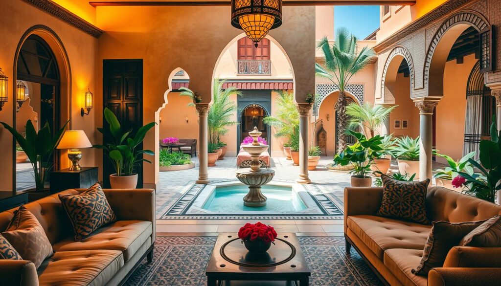 A luxurious riad in Marrakech, Morocco, illuminated by warm, soft lighting. In the foreground, a lavish lounge area with plush couches, intricate tiled floors, and ornate decorative accents. In the middle ground, a serene courtyard with a tranquil fountain, surrounded by lush greenery and vibrant floral arrangements. The background reveals the riad's iconic architecture, with high-arched doorways, detailed stucco walls, and a glimpse of the clear blue sky above. An atmosphere of opulence, comfort, and tranquility pervades the scene, capturing the essence of the luxurious services and amenities offered by Marrakech's finest riads. A luxurious riad in Marrakech, Morocco, illuminated by warm, soft lighting. In the foreground, a lavish lounge area with plush couches, intricate tiled floors, and ornate decorative accents. In the middle ground, a serene courtyard with a tranquil fountain, surrounded by lush greenery and vibrant floral arrangements. The background reveals the riad's iconic architecture, with high-arched doorways, detailed stucco walls, and a glimpse of the clear blue sky above. An atmosphere of opulence, comfort, and tranquility pervades the scene, capturing the essence of the luxurious services and amenities offered by Marrakech's finest riads.